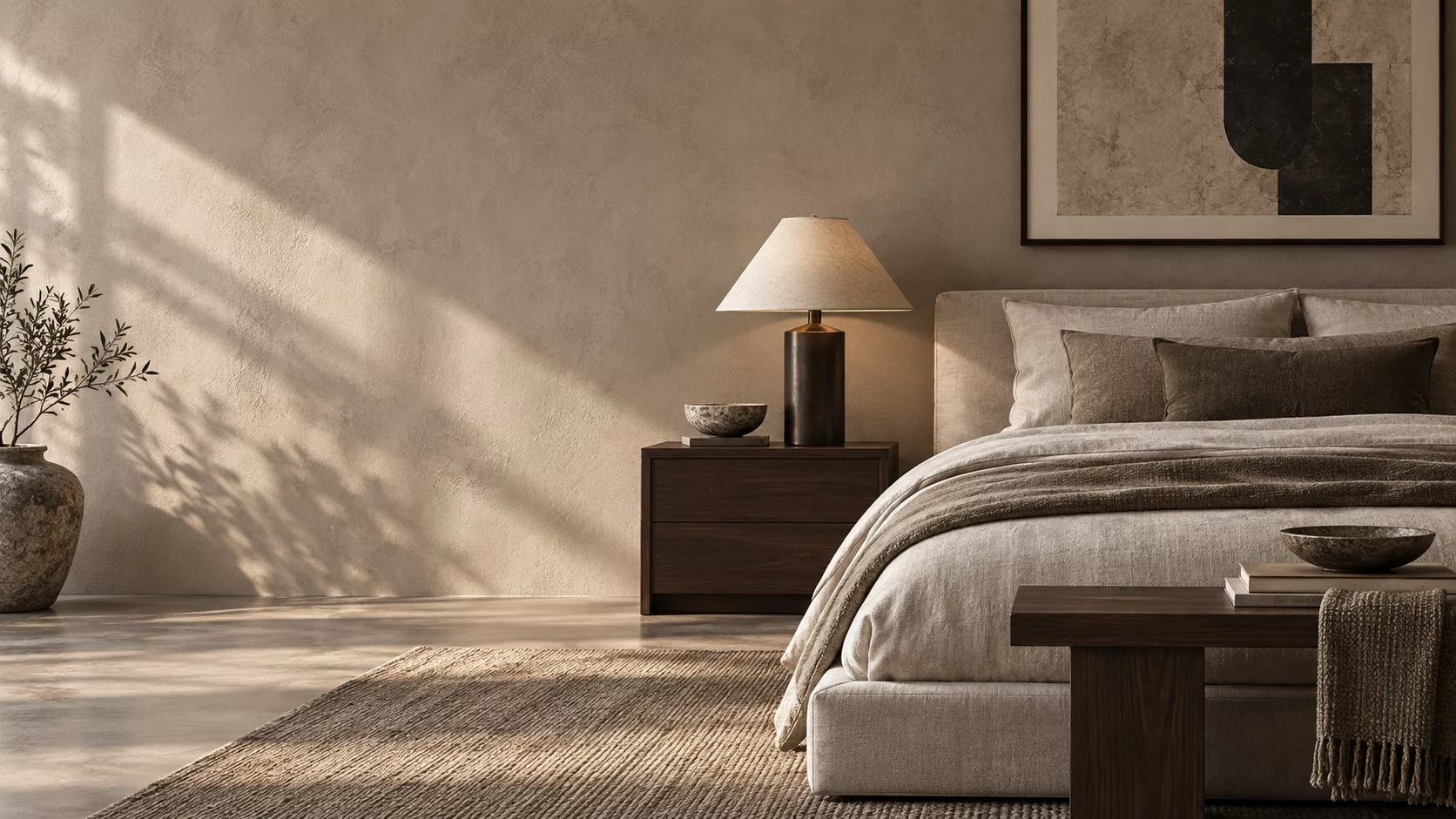Quiet neutral bedroom with linen bedding, dark timber bedside table and sculptural lamp
