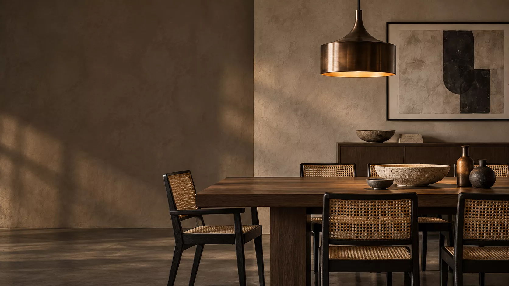 Warm dining room with cane chairs, dark timber table, bronze pendant and stone bowl
