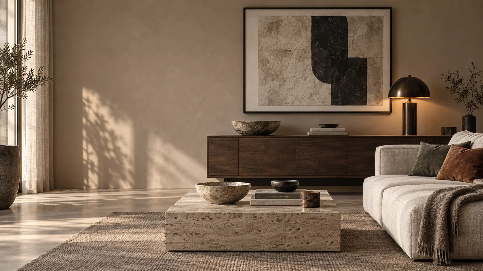 Warm contemporary living room with stone coffee table, dark timber sideboard, bronze lamp and sofa
