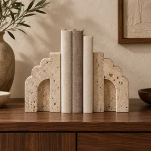 Pair of Nara stepped-arch beige travertine bookends holding neutral books