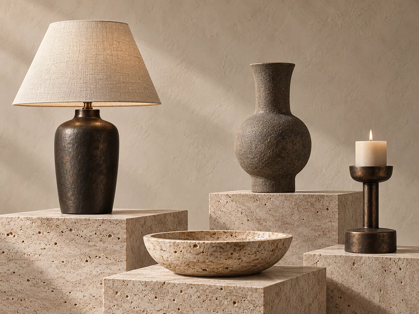 Travertine bowl, textured vessel, bronze candle holder and linen-shaded lamp