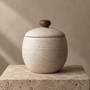 Sava off-white speckled stoneware jar with fitted lid and walnut knob