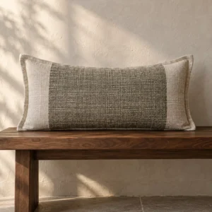 Selah oatmeal linen lumbar cushion with muted olive-grey woven panel