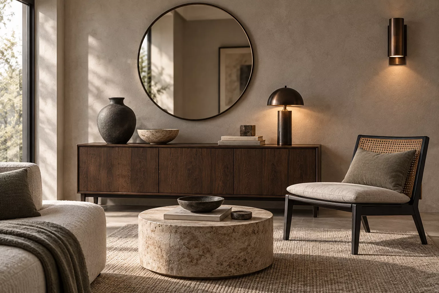 Living room with round mirror, walnut sideboard, stone table and upholstered chair