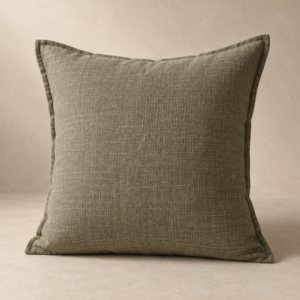 Muted olive-grey linen cushion with neat flange seams